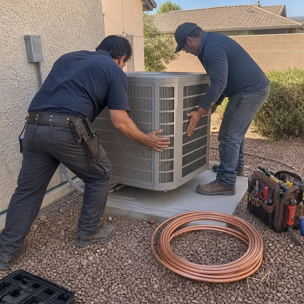Two HVAC technicians installing a residential air conditioning unit