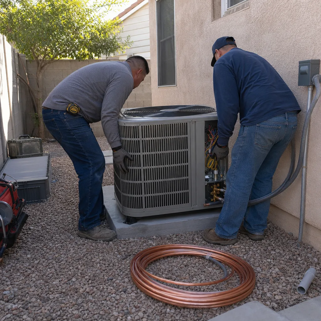 Two technicians performing a professional residential air conditioning unit installation.