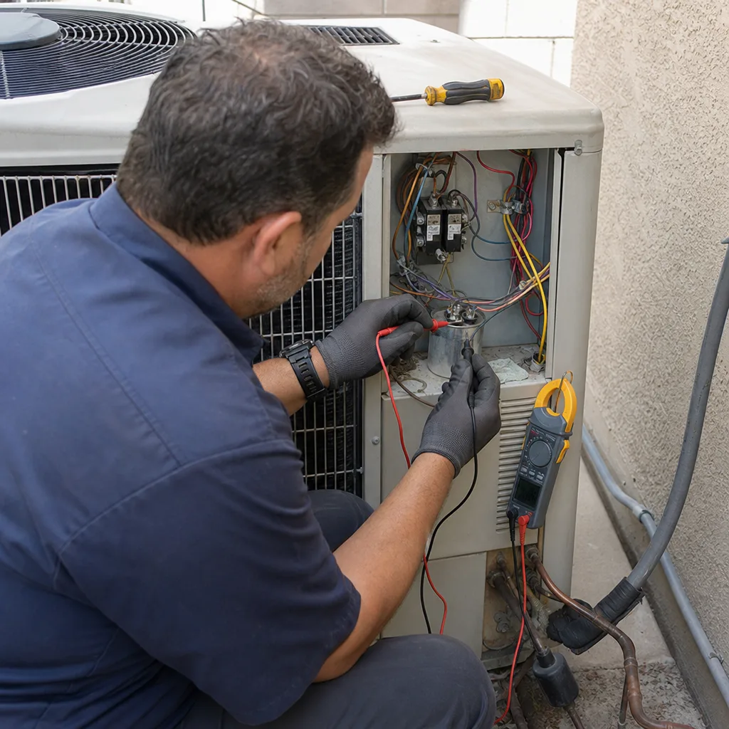 HVAC technician testing an air conditioning unit capacitor with a multimeter