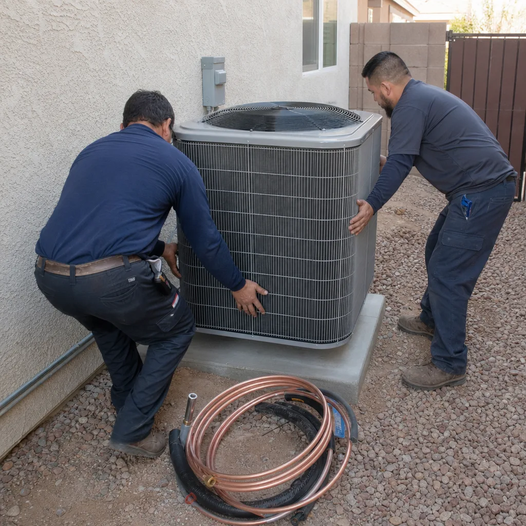 HVAC technicians installing a new outdoor air conditioning condenser unit