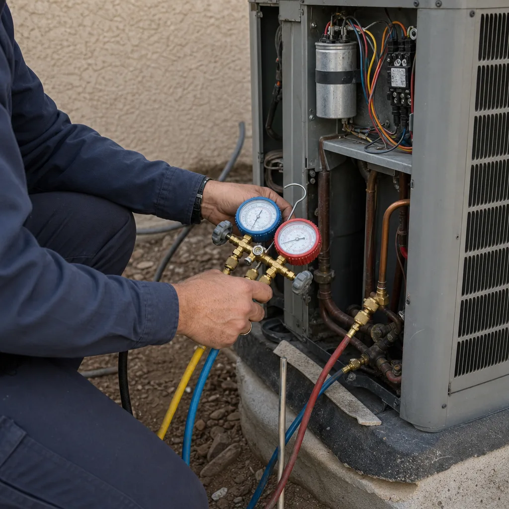 HVAC technician performing professional air conditioning repair service on outdoor unit
