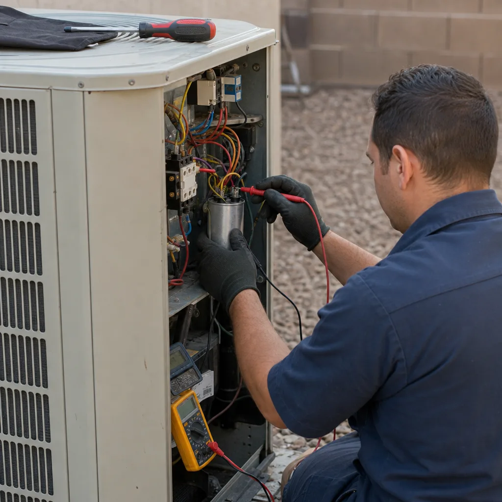 HVAC technician performing professional AC repair and electrical testing on unit