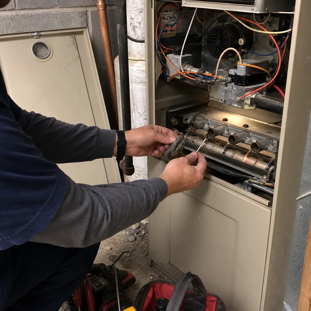 HVAC technician performing professional furnace repair and burner maintenance