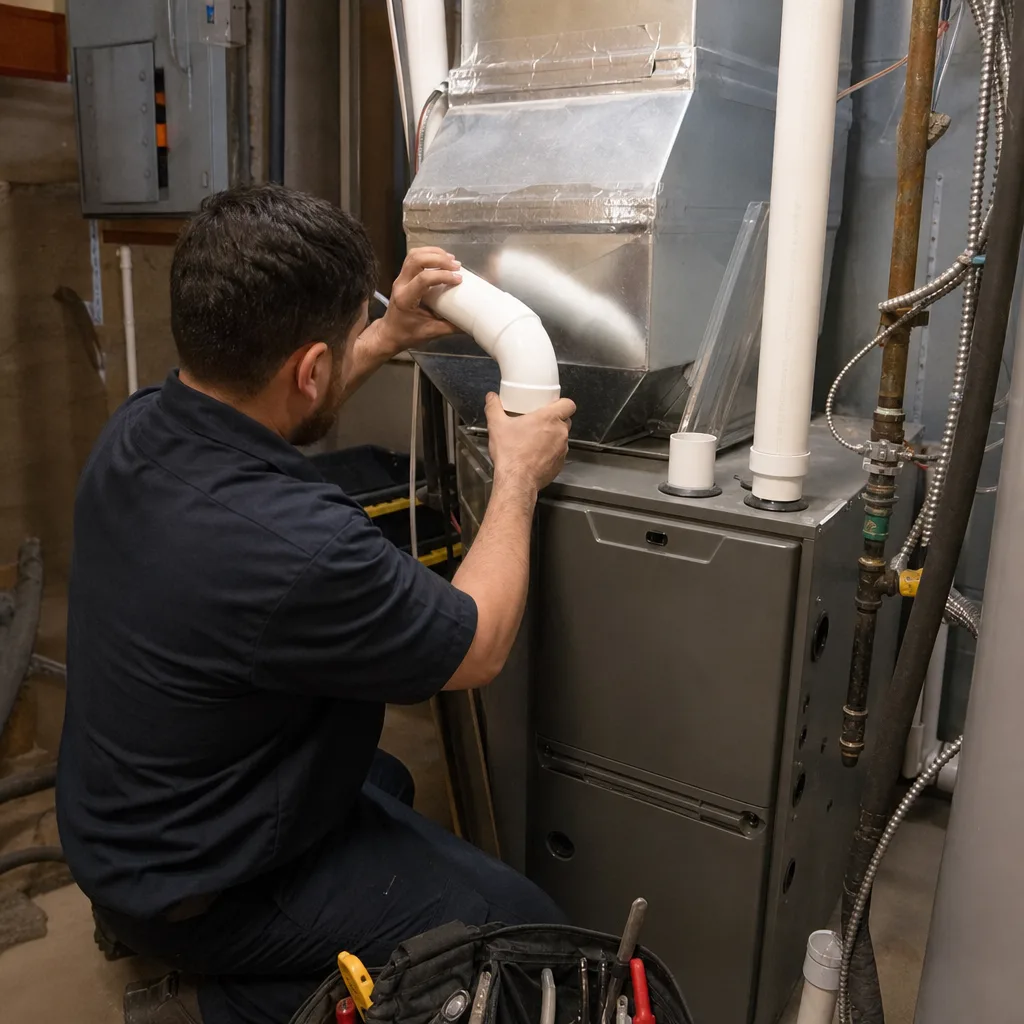 HVAC technician performing furnace repair and pipe installation